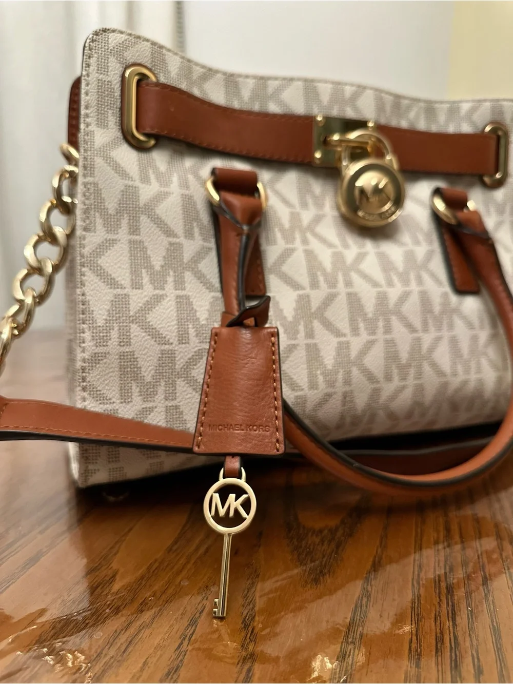 Michael Kors Cream Logo Satchel with Brown Leather Trim and Gold Hardware